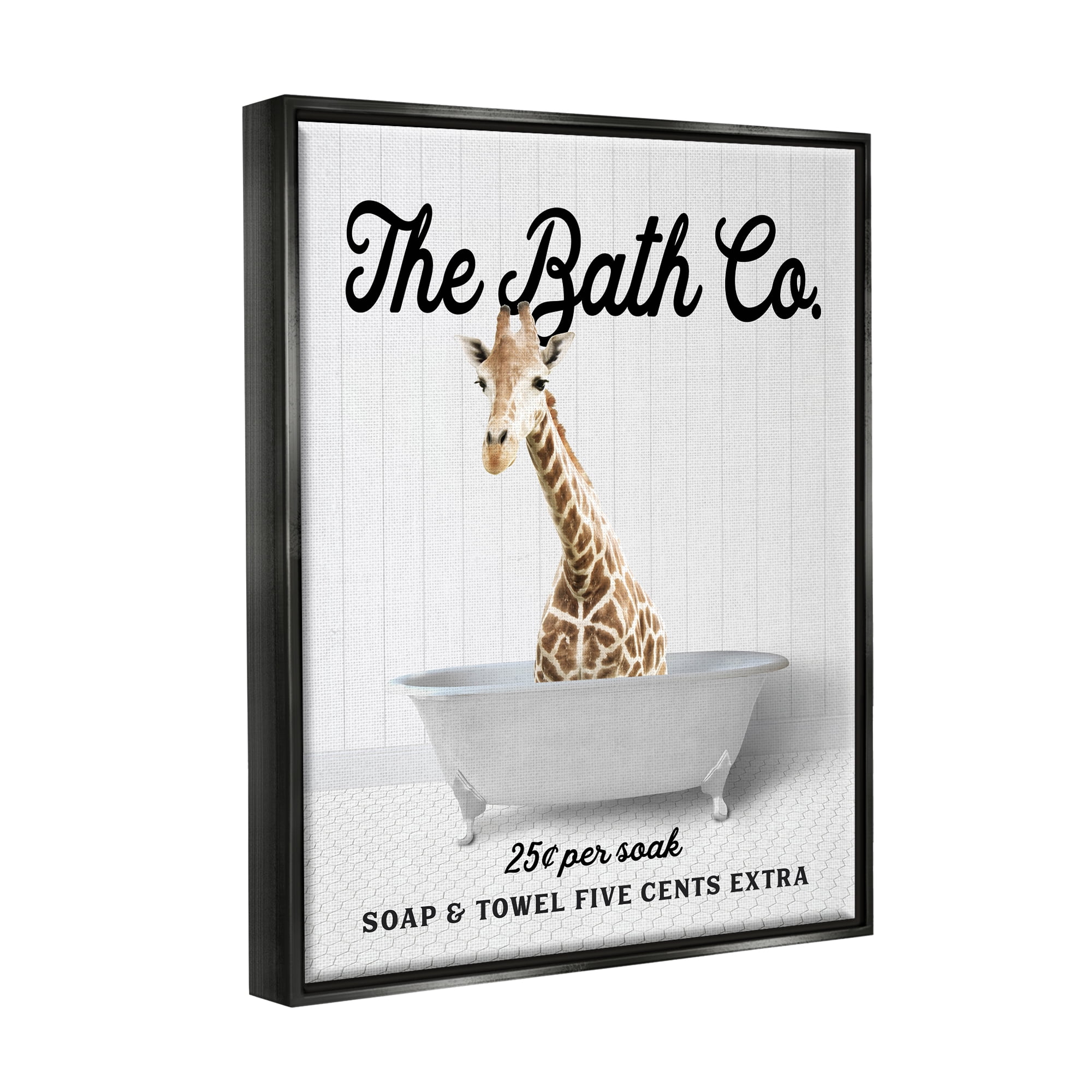 Stupell Industries Vintage Bath Ad Giraffe Animals & Insects Painting Black Floater Framed Art Print Wall Art, 17 x 21