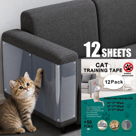 Topsome Anti Cat Scratch Furniture Protector, 12 pack Couch Protector from Cat Claws, Self-Adhesive Deterrent Tape Protectors for Sofa, Walls, Doors
