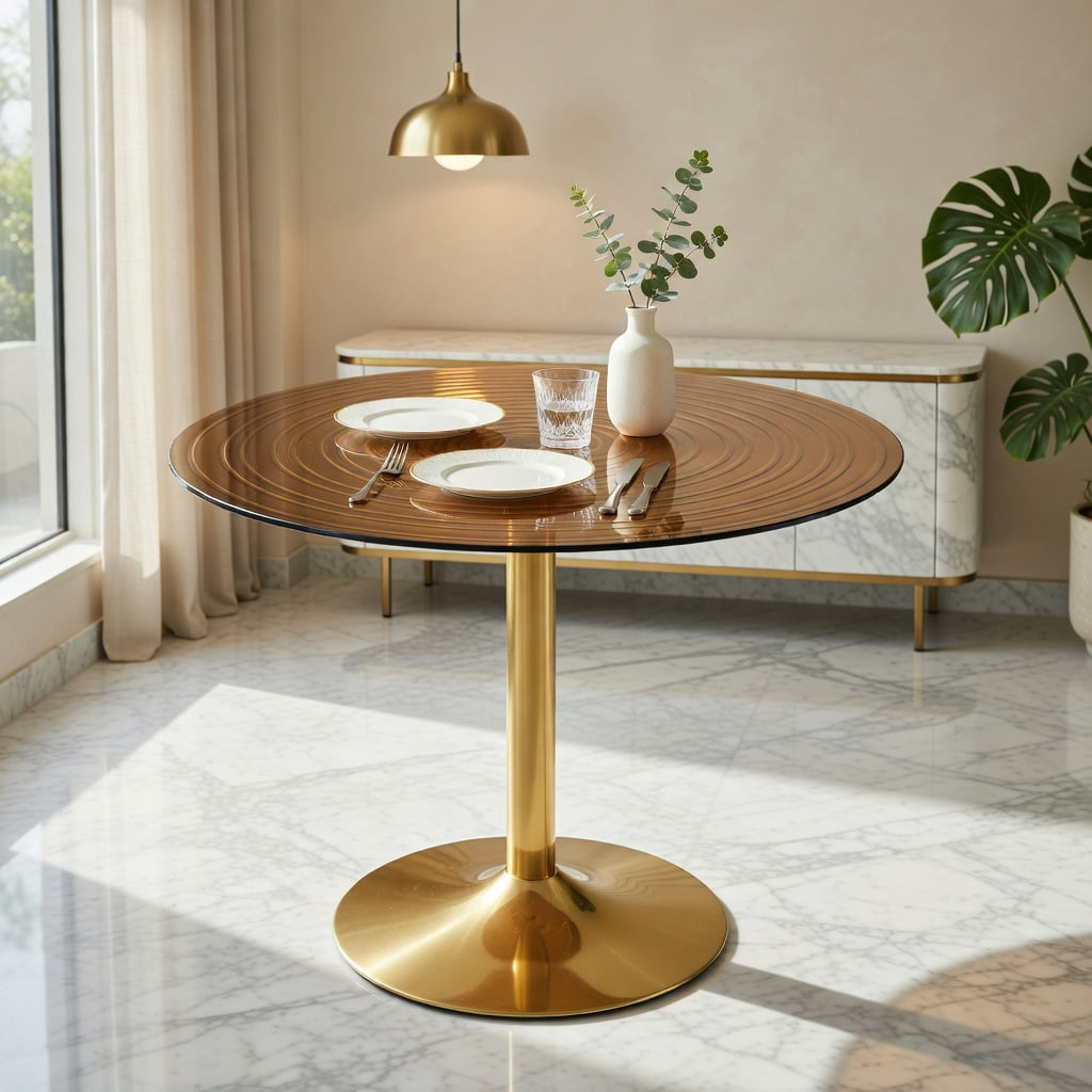 Hommoo 35 Inch Round Glass Dining Table with Metal Base, Light Luxury Brown Ring Top Coffee Table for Small Spaces (2-4 People), Gold