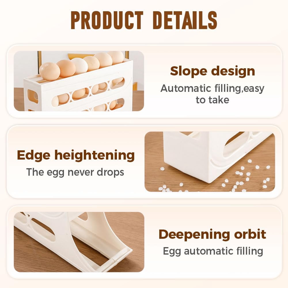 4-Tier Rolling Egg Dispenser for Fridge, Holds 30 Eggs, Plastic Space-Saving Egg Organizer