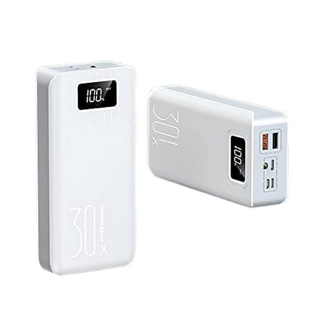 30000mAh Power Bank Fast Charger Camping Portable Powerbank Large Capacity 2 Outputs and 3 Inputs LED Display External Battery Pack Compatible with All Phone Models (White + Gray)