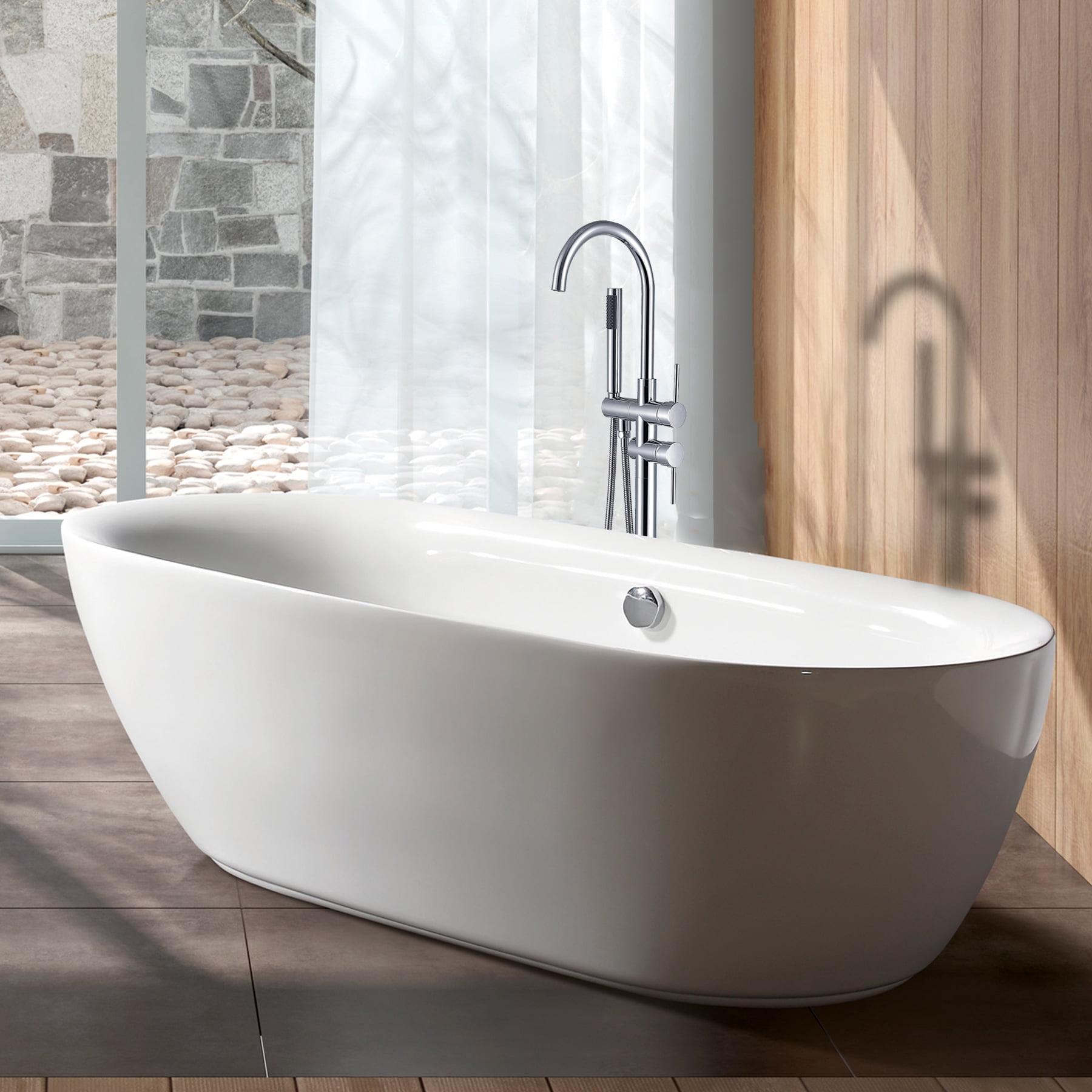 Freestanding Bathtub Faucet Floor Mount Tub Filler Single Handle Stainless Steel  Standing Bathtub Tap with Handheld Spray Swivel Right Angle Spout Brushed Nickel