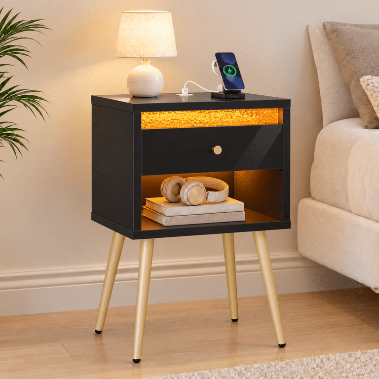 Pinmoco LED Nightstand with Charging Station, Black photo 6