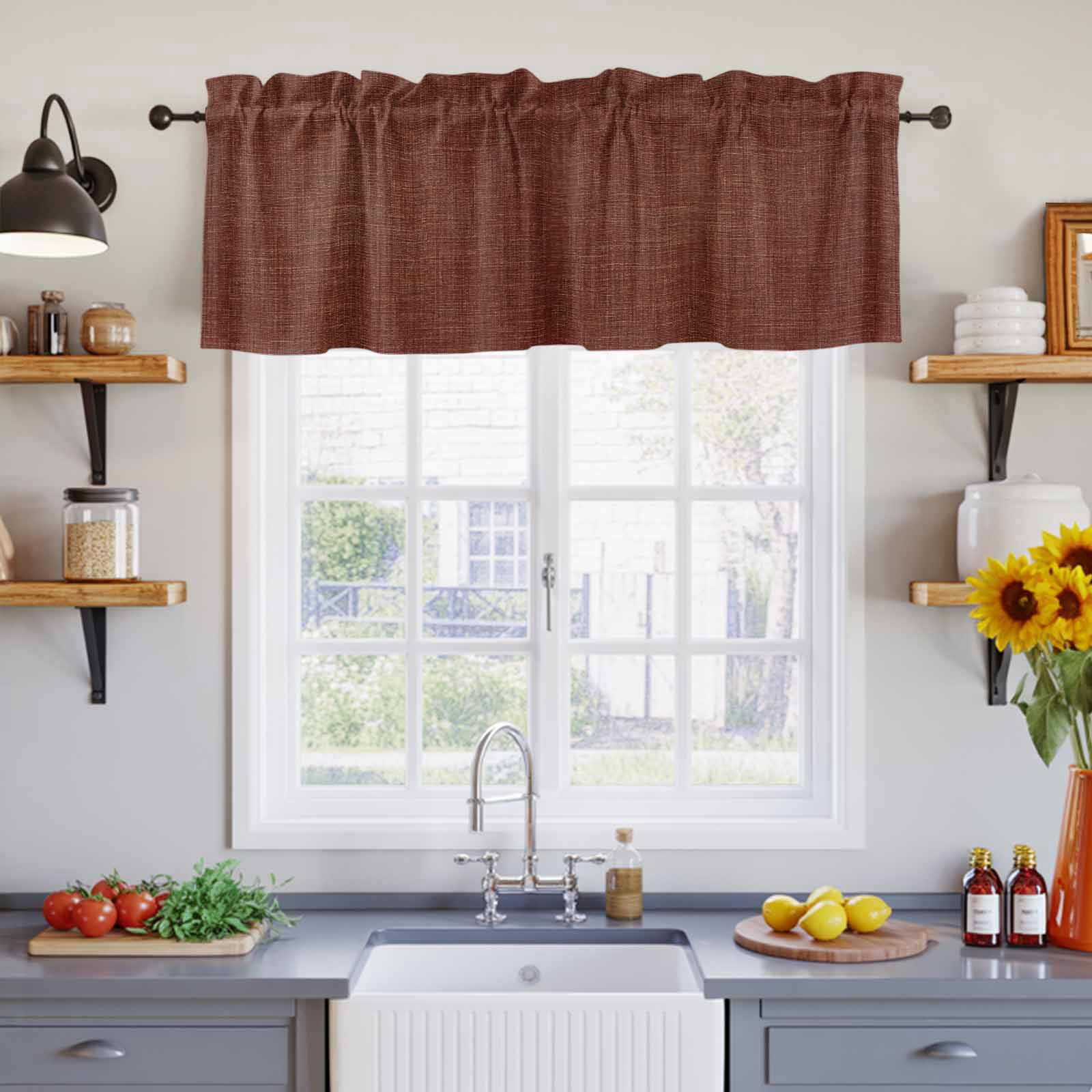 2 Panels Dark Brown Valance for Windows, Farmhouse Burlap Solid Brown Modern Linen Texture Light Filtering Kitchen Curtains, Rod Pocket Window Treatment Curtain Valances for Living Room, 42"x18"