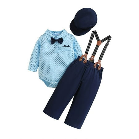 

Childrens Outfits Spring Autumn Print Long Sleeve Romper Bow Tie Suspender Pants Hat Classical Outfits Sets Boys and Girls