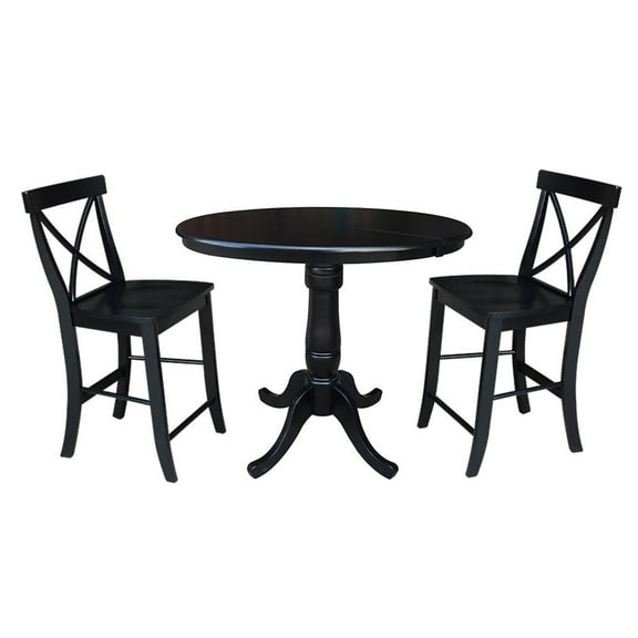 36" Round Extension Dining Table 35.3"H With 2 X-Back Counter height Stools