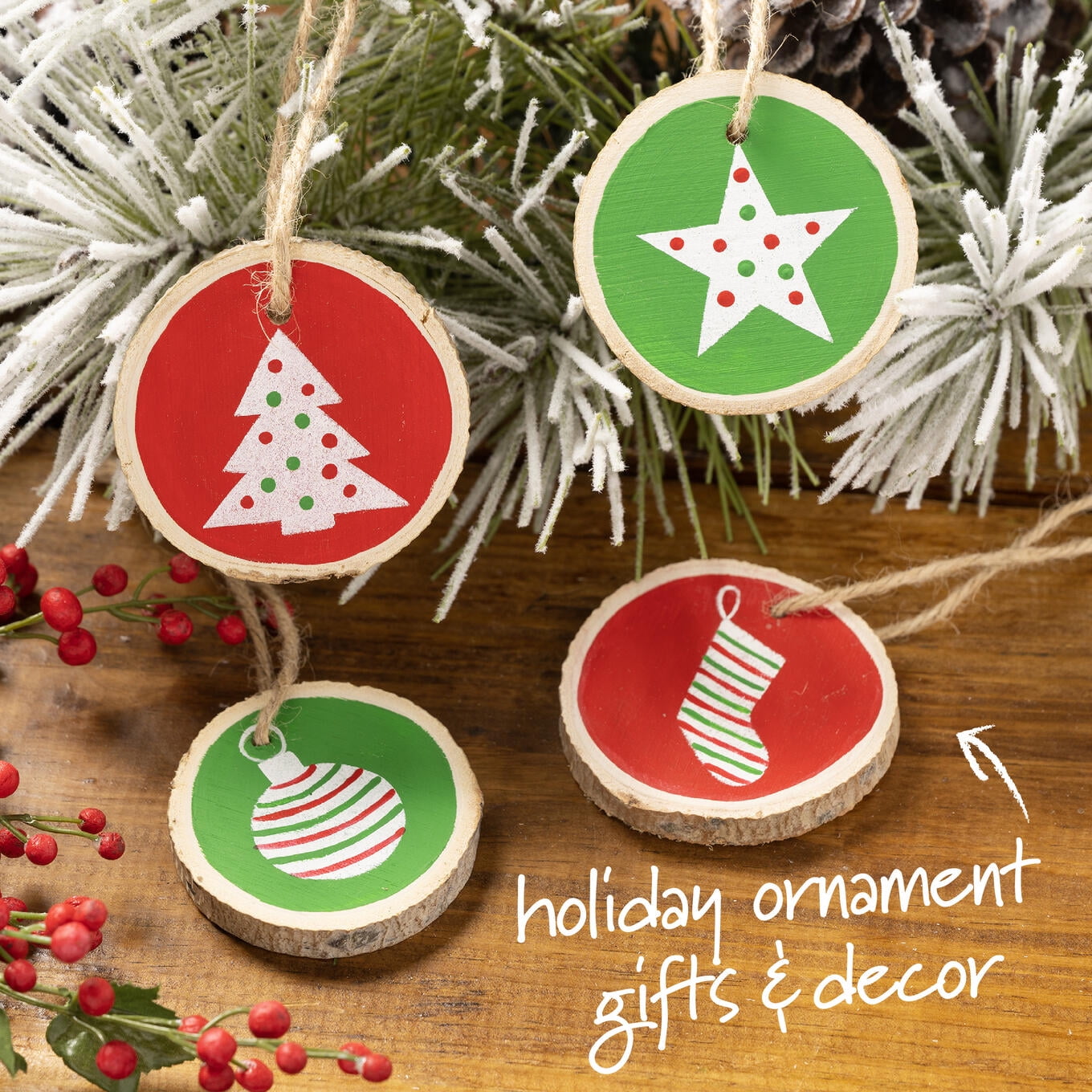 (2 pack) Plaid Wood Surface Pine Ornaments, Set of 4, 2.5"