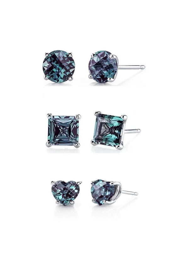 18k White Gold Plated 6mm Created Alexandrite 3 Pair Round, Square And Heart Stud Earrings Plated