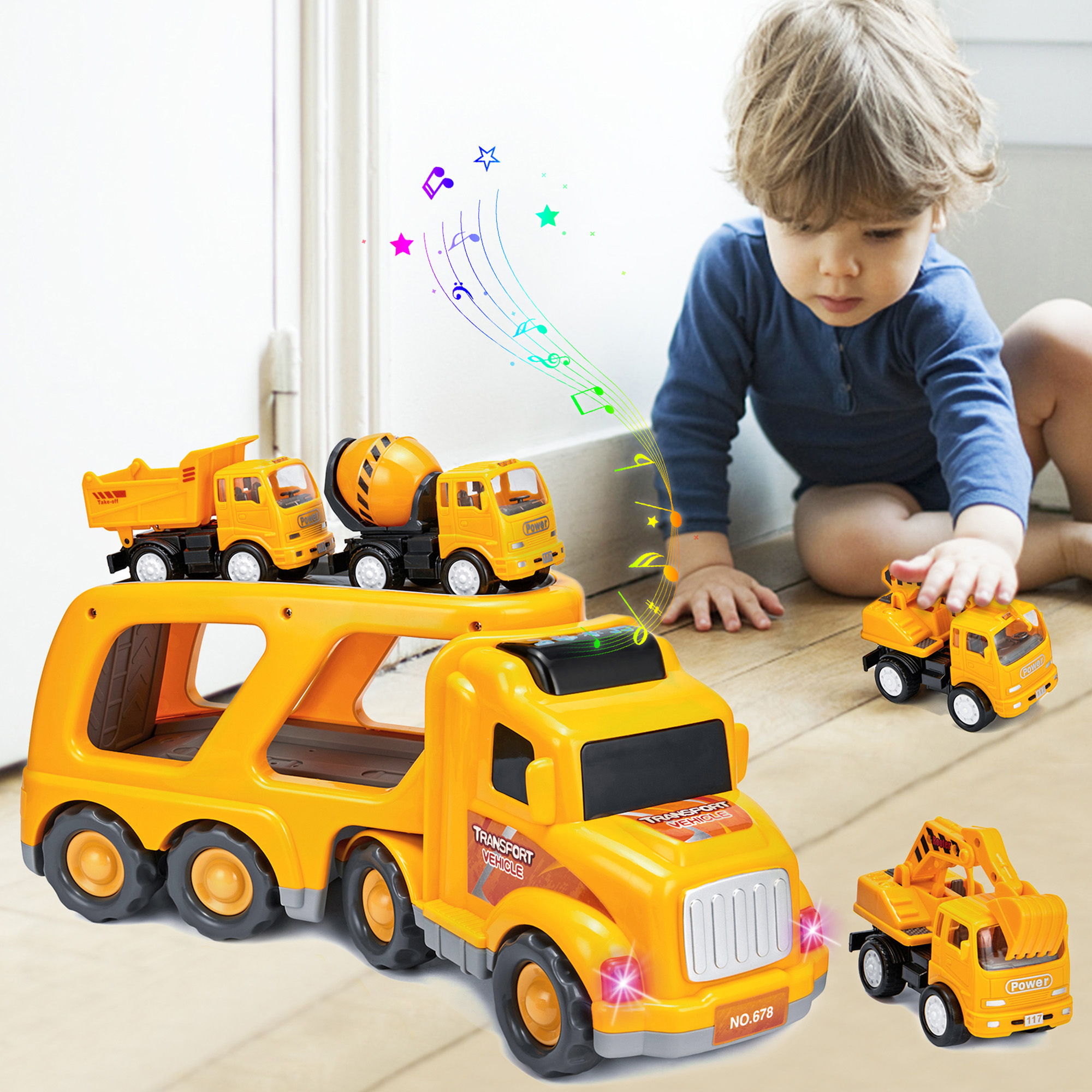 DODOING 5 in 1 Construction Truck Toys Vehicles Set,Transport Truck Carrier Toy with Excavator Mixer Crane Dump, Real Siren Brake Sounds & Lights, Removable Engineering Vehicle Parts - image 2 of 7