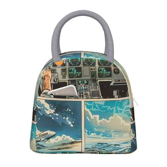 Vsdgher Illustration de Cockpit d'Avion Comique Sac à Lunch Isolé Sac Isotherme Simple Sac à Lunch, Adapté pour Pique-Niques, École, Travail