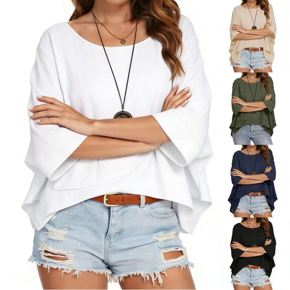 AnuYalue Womens Tshirts 3/4 Sleeve Drop Shoulder Crew Neck Tops Loose Fit Summer Casual Basic Tee Shirts