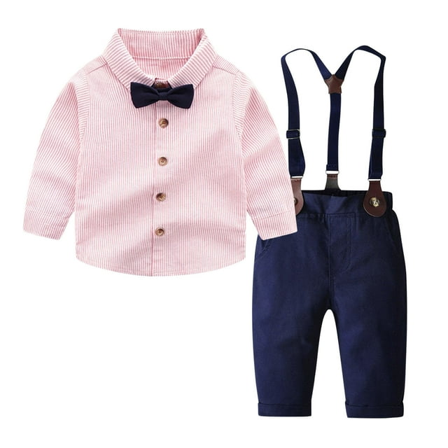 Children's Fashionable Striped Set: Shirt and Overalls 2Piece Set, Longsleeve Roundneck Top/Shirt Set