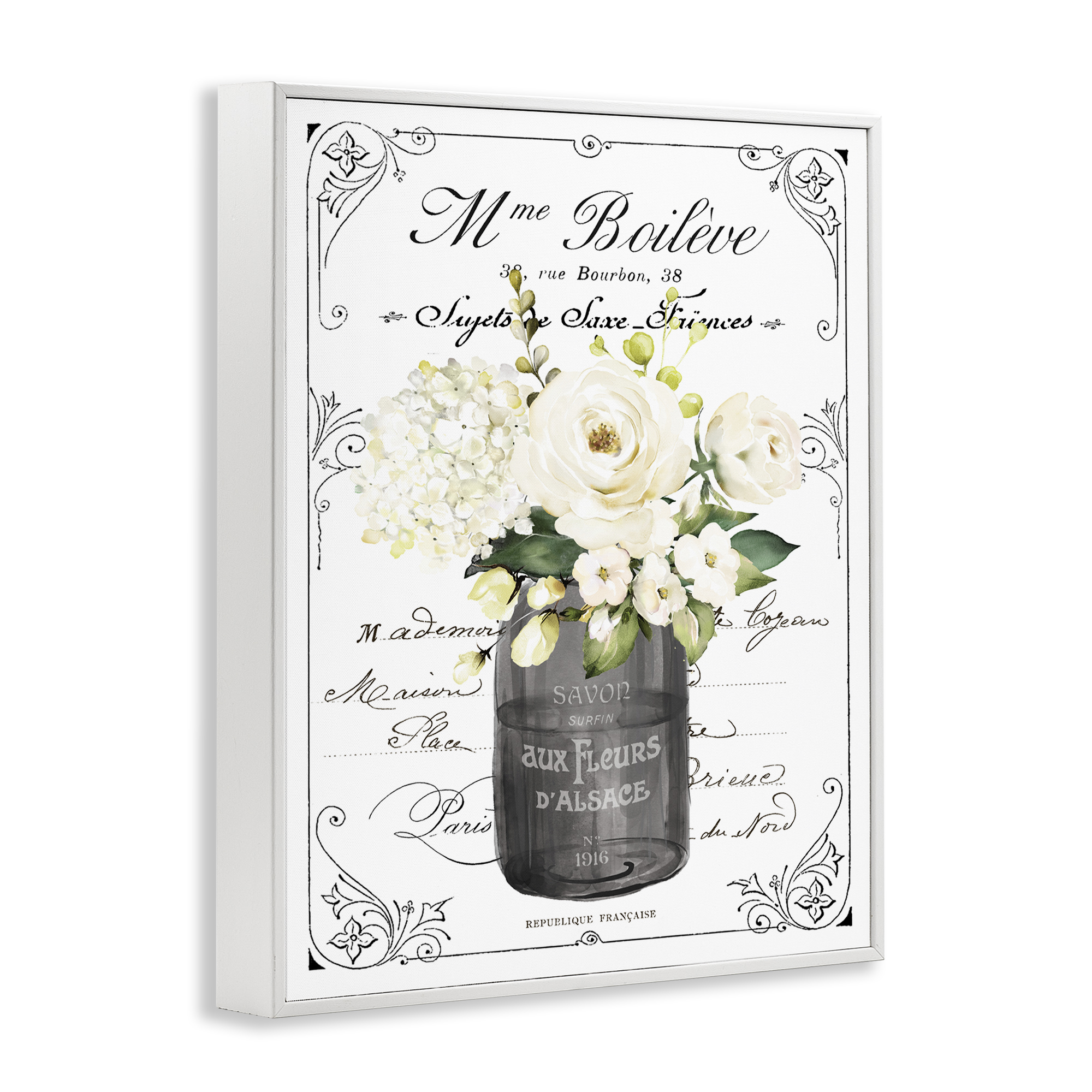 Vintage Parisian Bathroom Floral Bouquet White Flowers White Framed Giclee Art, 16 x 20