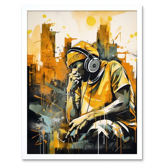Abstract Cityscape Young Man Wearing Headphones Listening to Music Modern Watercolour Illustration Art Print Framed Poster Wall Decor 12x16 inch