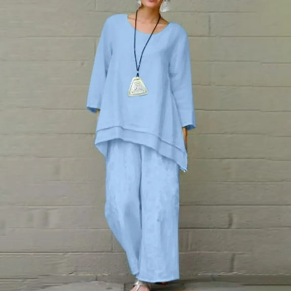 Women Casual Solid Round Neck Long Sleeve Splice Shirt Blouse Elastic Waist Pant Set Suits Outfit for Party Women Tuxedo Women Tan Linen Pants Women Formal Dresses with Pants Work Skirt Suits Women