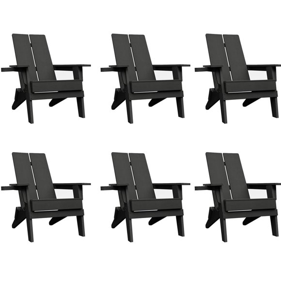 Krikacy Outdoor Adirondack Chair Set of 6, All-Weather HIPS Plastic Chair w/Cup Holder for Patio Poolside, Balck