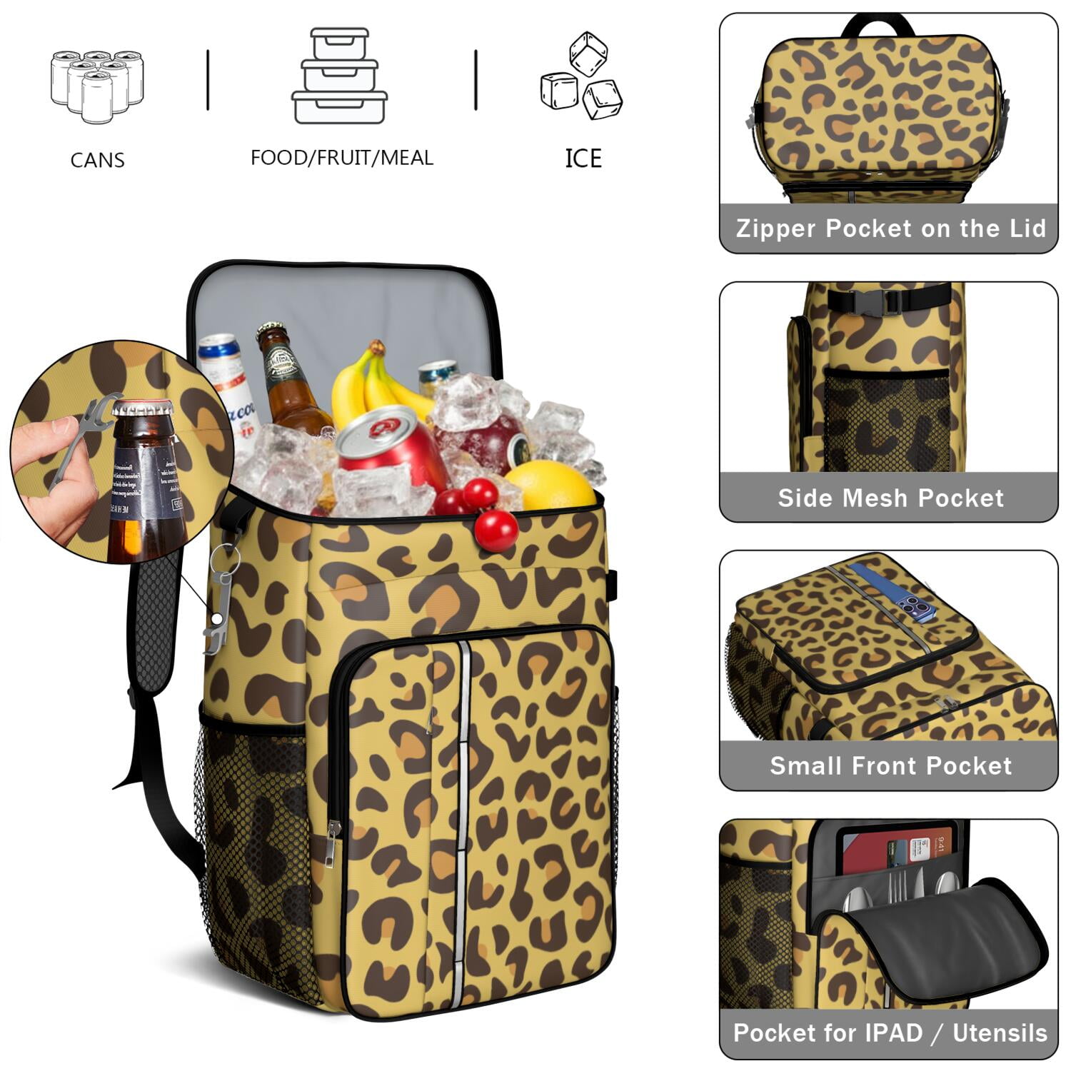 Travel Cooler Bag - Yellow and Brown Of Leopard Print Camping Beer Cooler Backpack with Bottle Opener- Waterproof Insulated Picnic Backpacks - Cooler Bag for Beach