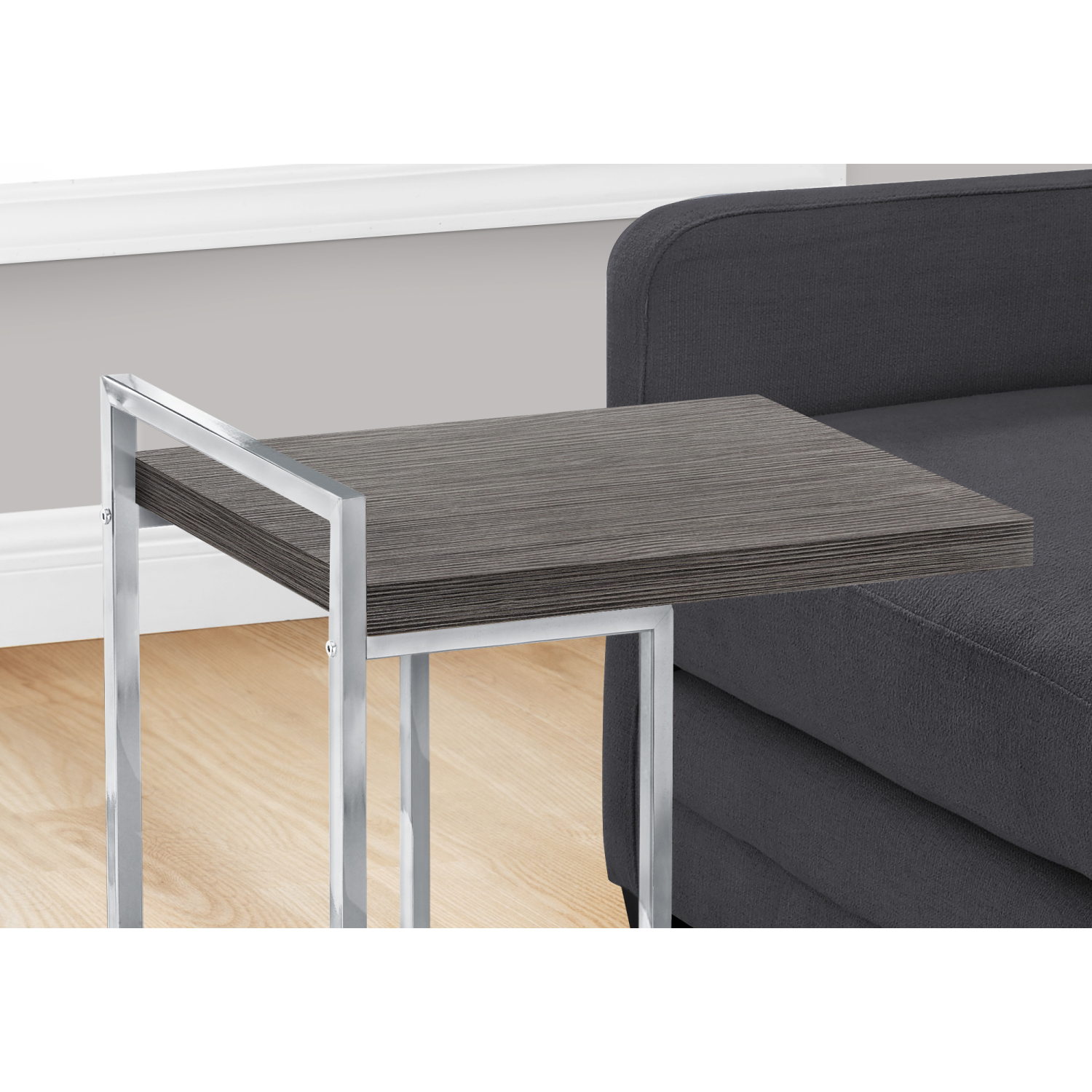 C-Shaped Accent Table, Chrome & Grey Laminate, End Table for Living Room, Bedroom