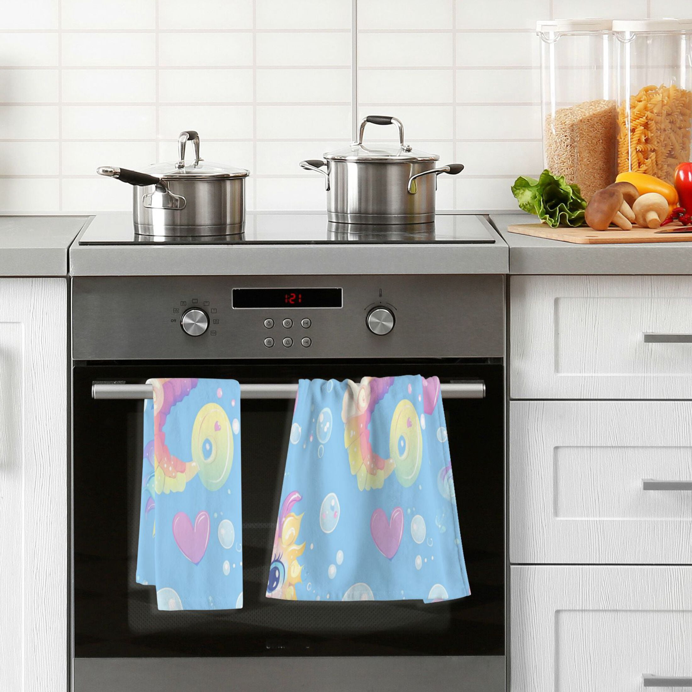 Wobogo Pattern Featuring Cute Baby Seahorses 100% Cotton Towel 2 Pieces Set Super Soft and Highly Absorbent Suitable for Bathroom Gym Travel Camping Pool