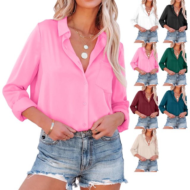 Camisa De Manga Larga Con Cuello En V Blusa Informal Para Mujer Mujer Camisa Con Cuello En V Manga Larga Color Puro Turn Down Collar Pocket Front Casual Top For Office Daily Pink M ANGGREK Otros