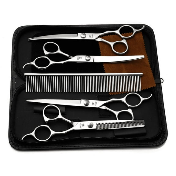Pet Grooming Scissors Kit, Thinning And Curved Scissors, Down-Curved Shears, Rounded Tip, Protective Guard, Ergonomic Design For Long Sessions, Convenient Carrying Case