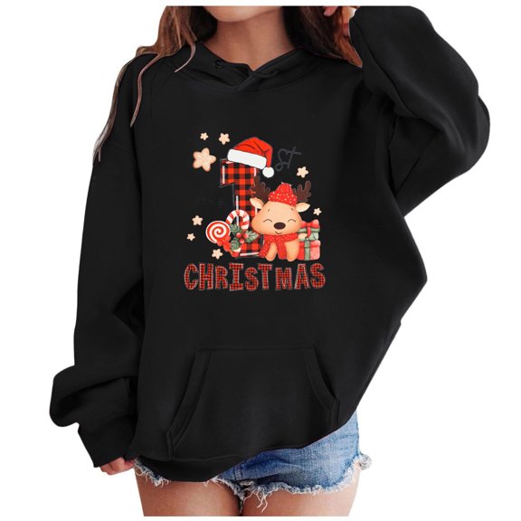 Hpapadks Hoodies for Girls Children Christmas Print Hoodie Winter Warm Top Baby Sweatshirt Black 8-9 Years