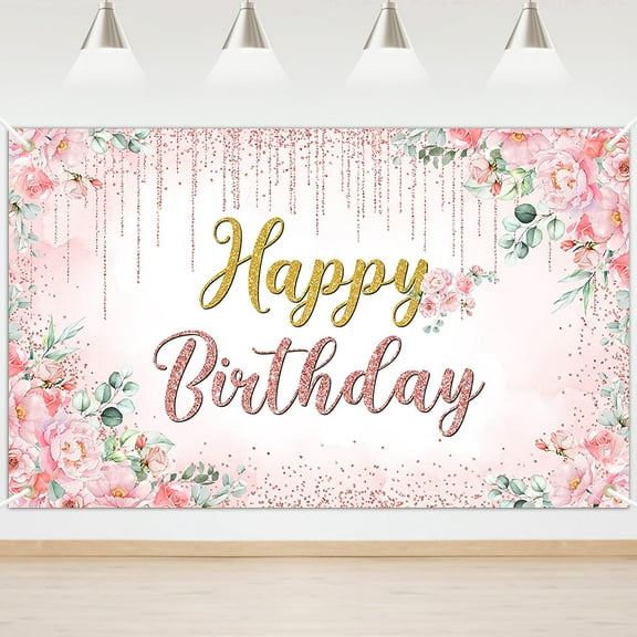 Mocsicka Floral Birthday Backdrop Pink Glitter Flower Happy Birthday Banner Party Decorations for Girl Women 6x3.6 ft