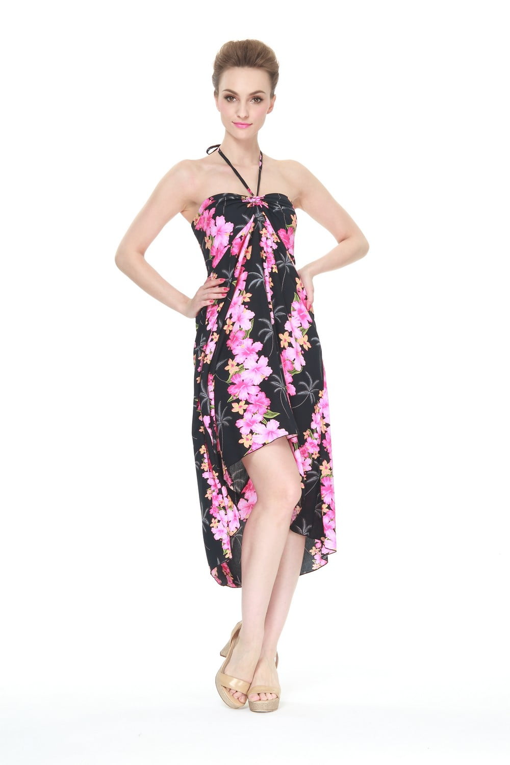 Hawaii Hangover  Women's Hawaiian Butterfly Luau Dress in Black Pink Panel Hibiscus Palm Print