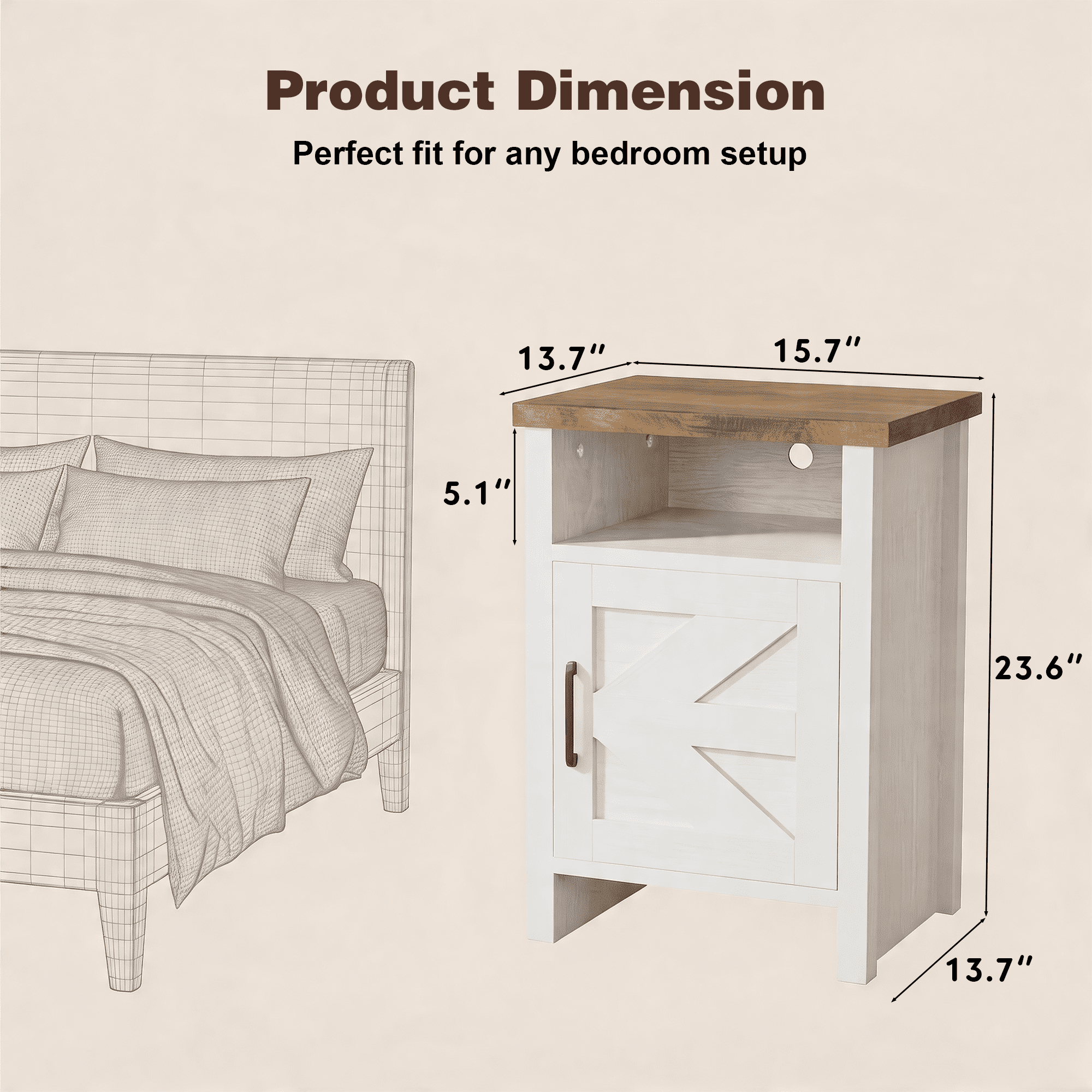 Furmax Farmhouse End Table, Nightstand with Barn Door and Shelf, Side Table for Living Room Bedroom, White