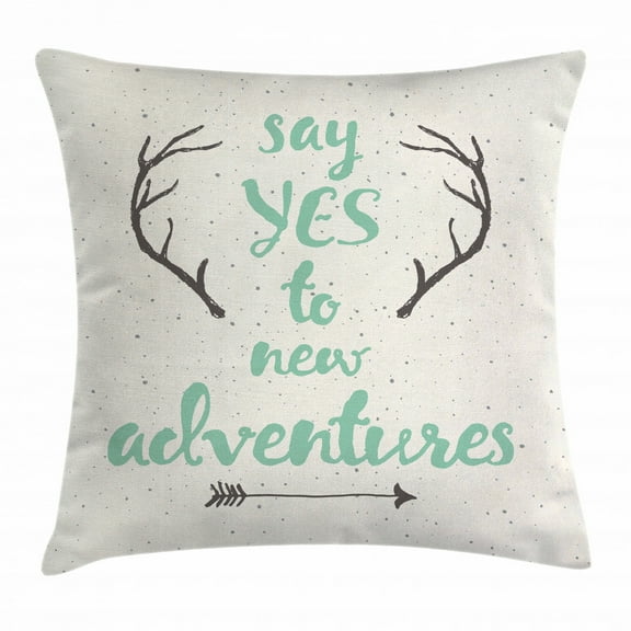 Adventure Throw Pillow Cushion Cover, Calligraphic Quote with Antlers and Arrow on Grunge Dotted Backdrop, Decorative Square Accent Pillow Case, 24 X 24 Inches, Mint Green Brown Cream, by Ambesonne