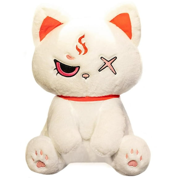 White Pirate Cat Plush Toy,Furry Gothic Kitten Stuffed Animals,Ultra-Soft Creepy Kitty Plushie Cuddle Pillow Decor Gifts/15.7''