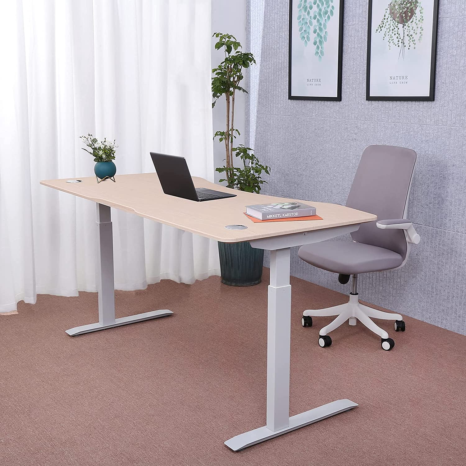 ApexDesk Elite Series 60" W Electric Height Adjustable Standing Desk (Light Oak Top, White Frame)