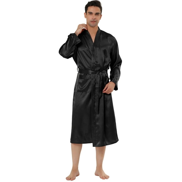Bata de satén para hombre, camisón para dormir, camisón de manga larga para dormir, pijama, vestido, albornoz Negro M