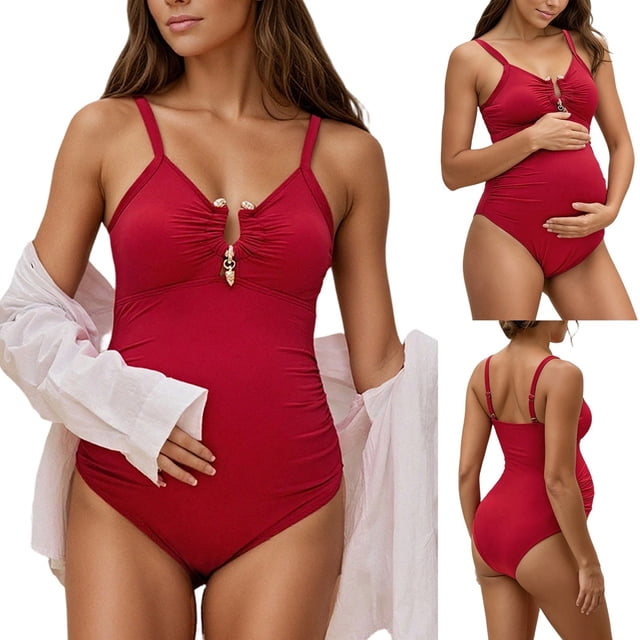 Gyexs Maternity Womens One Piece Swimsuit Ruched Front Keyhole Bathing Suit Adjustable Straps #03 Watermelon Red, Size L