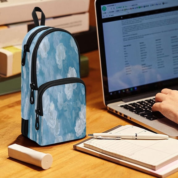 Backpack Pencil Case, 3 Compartment Large Capacity Oxford Fabric Pencil Pouch / Clear Blue Floral Seamless