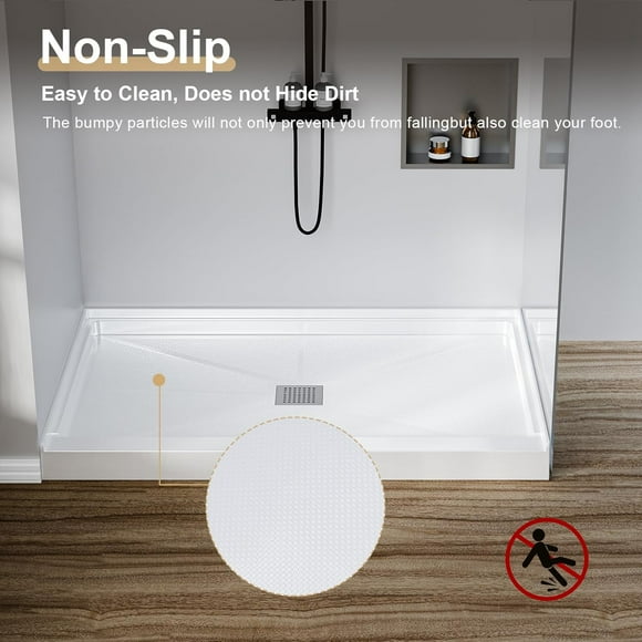 Ourlova Shower Pan with Center Drain, 48 x 32 x 4 Inch Anti-Slip Texture, White ABS Base with 304 Stainless Square Drain Cover & Flange Edge