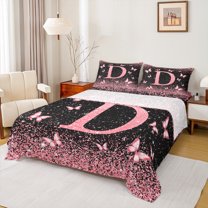 Homewish Monogrammed D Female Full Size Sheets, Cartoon Pink Kawaii Butterfly Bed Sheets, Glitter Stars Diamond Sheet Sets, Microfiber Bedroom Decor, 4-Piece