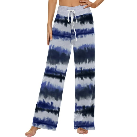 Xyxonk Women's Comfy Casual Pajama Pants Wide Leg Floral Print Drawstring Pants Loose High Waist Pants Blue 3XL
