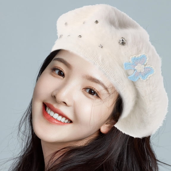 EXHUMKY Charming White Imitation Wool French Beret Hat with Cute Bow for Women's and Girls, Perfect for Daily Wear
