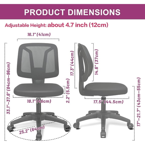 Armless Comfy Swivel Home Office Computer Chair Adjustable Height with Wheels for Small Spaces, Mesh Back, Black