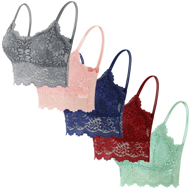 5 piezas de sujetador de encaje con tirantes sólidos y huecos para mujer, ropa interior de poliéster