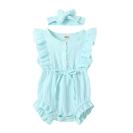 

FRSASU Clearance Toddler Girl Solid Color Jumpsuit Ruffled Bodysuit + Infant Headband