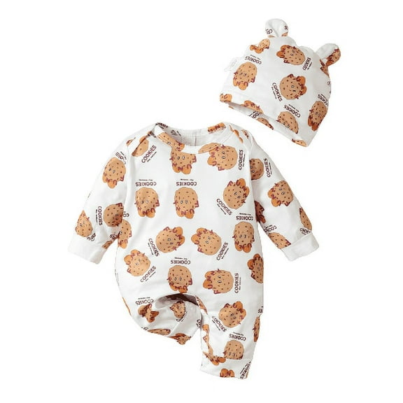 Mikrdoo Newborn Baby Boys Clothes 1 Months Baby Boys Cookies Print 3 Months Boys Winter Romper With Hat 2Pcs Romper Set White