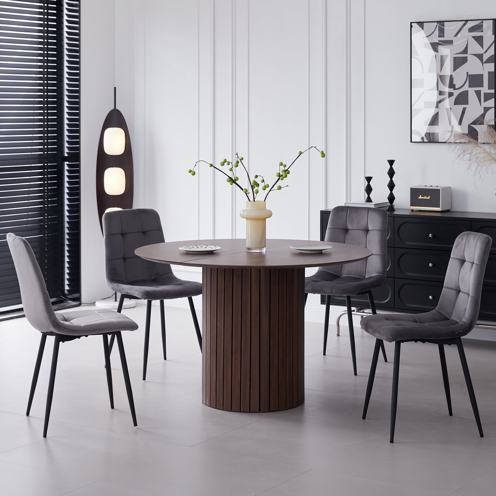 Set of 4 Velvet Dining Chairs - Mid Century Modern Dinning Chair, Upholstered Cushion Seat, Square-Patterned Backrest, Grey, Dinner Chairs with Metal Legs for Dining Living Room, Bedroom