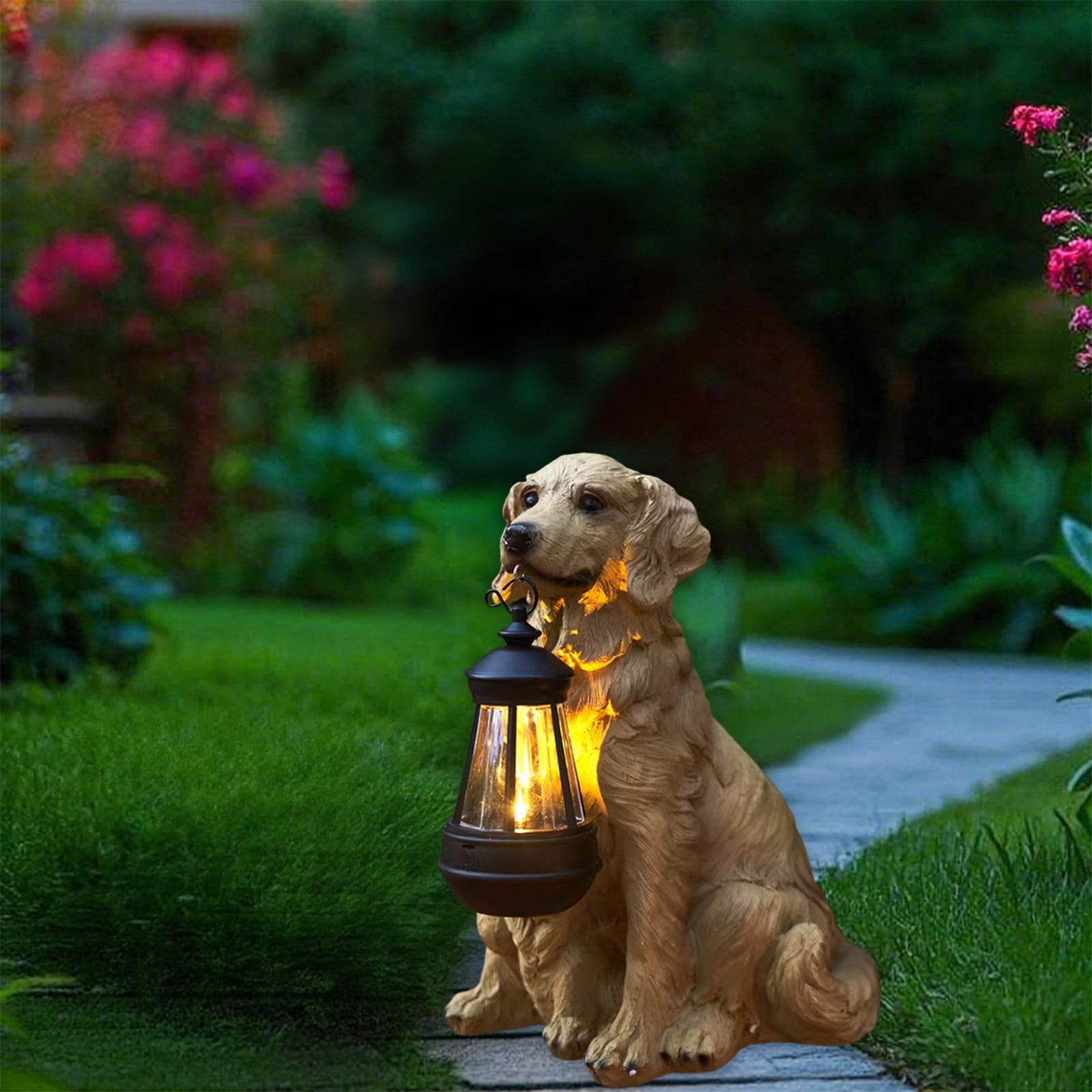 Beollynier Solar Powered Dog Statue LED Light Outdoor Garden Decor Rechargeable Resin Yard Ornament Weatherproof Hanging Lantern Pet Design