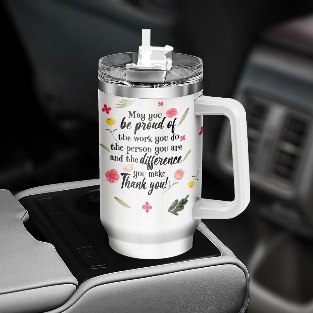 Nurse Gifts, Tumbler 40 Oz With Handle Lid And Straw, Nurse Rainbow Color, Engraved Nursing Cups Straws Funny Cup Nurses Tumblers Flower Handle Student Travel Coffee Week Er