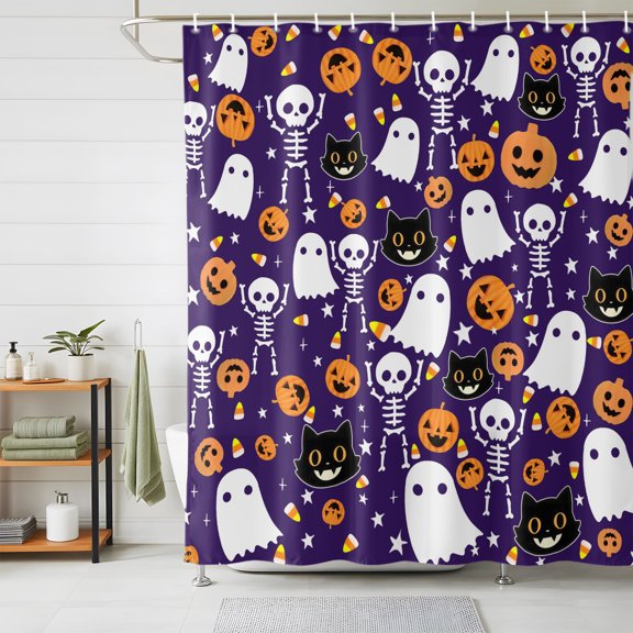 Shower Curtains for Bathroom, Halloween Purple Waterproof Fabric Shower Curtain, Black White Ghost Orange Skull Pumpkin Decorative Bathroom Curtain for Bathtub, 36"x72", No Hooks Included