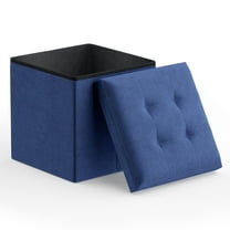Magshion 15" Cube Folding Ottoman with Storage, Cotton-linen Collapsible Storage Ottoman Foot Stool, for Living Room Bedroom Entryway, Navy Blue