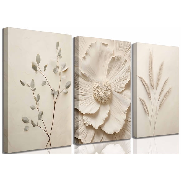 Lienzo decorativo para pared UZXTFQU, planta floral de color beige neutro, x3