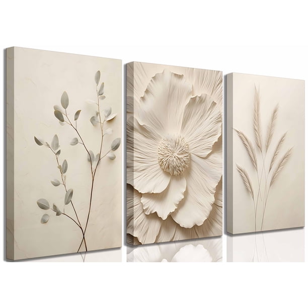 Lienzo decorativo para pared UZXTFQU, planta floral de color beige neutro, x3